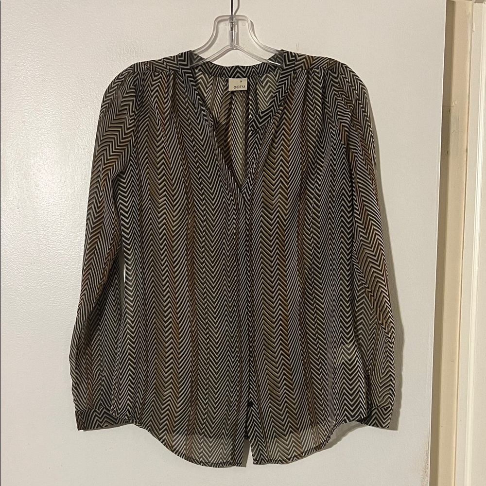 Ecru brown/tan chevron long sleeve collarless blouse. Hidden button closure